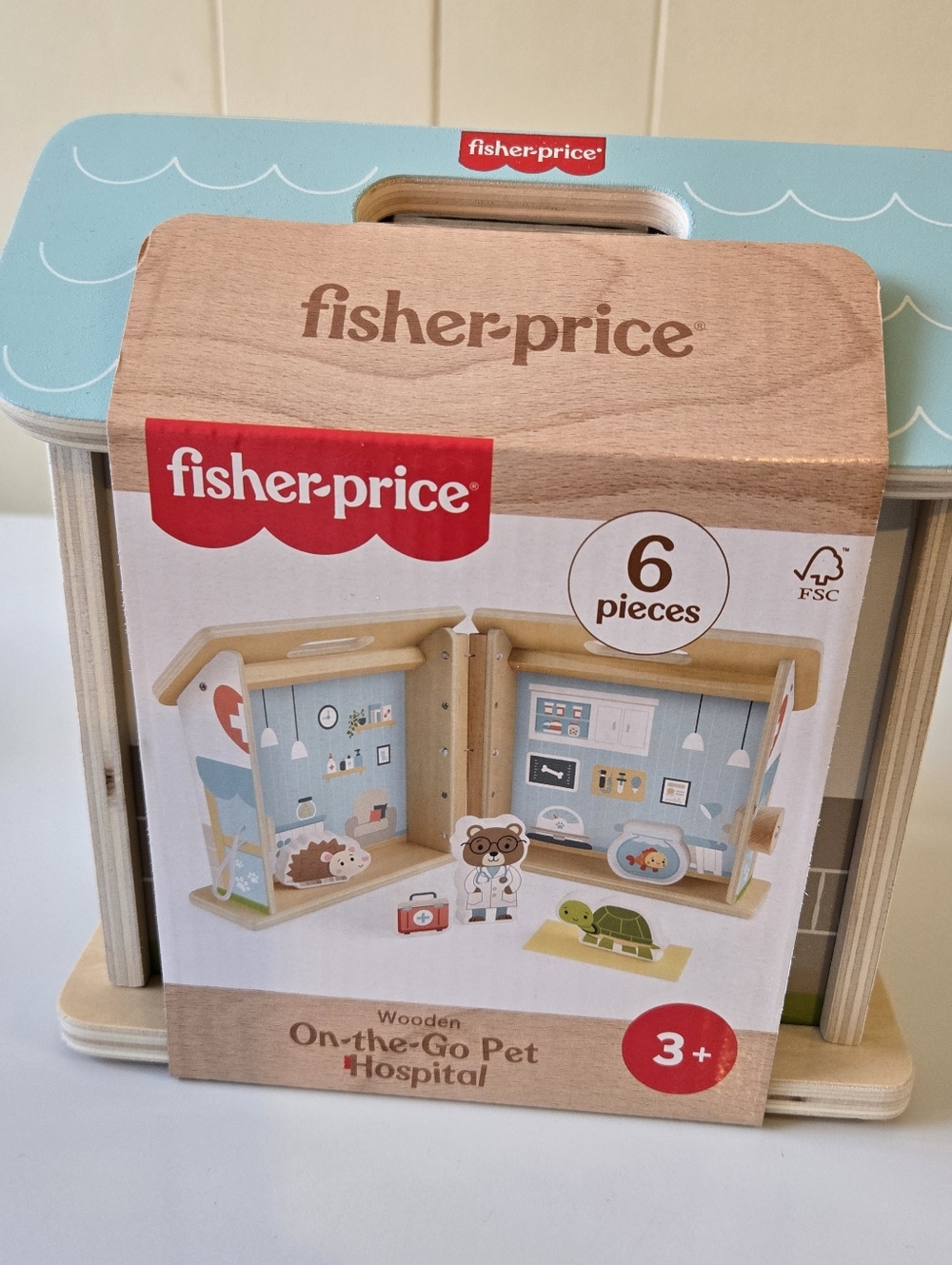Fisher-Price Blue & Natural Wooden On-the-Go Pet Hospital Playset